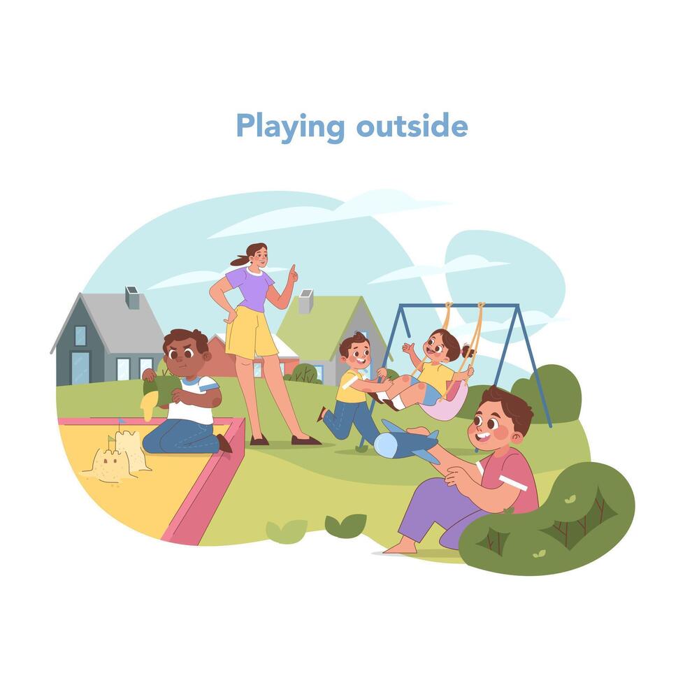 al aire libre Tiempo de juego a jardín de infancia. plano vector ilustración