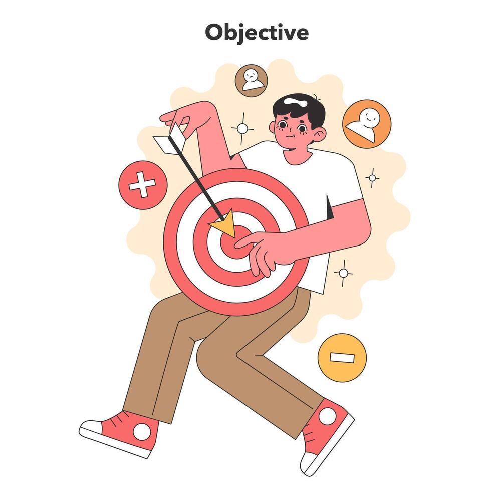 Sleek vector image of a character precisely hitting a bullseye, encapsulating objectivity with a minimalist design and a subtle color scheme