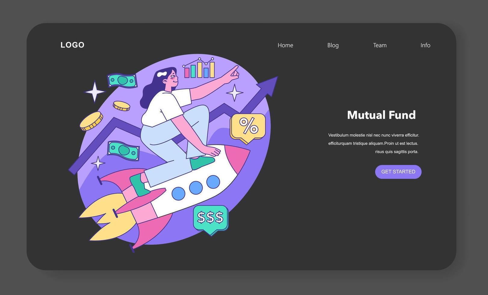 Mutual fund night or dark mode web banner or landing page. Investment vector
