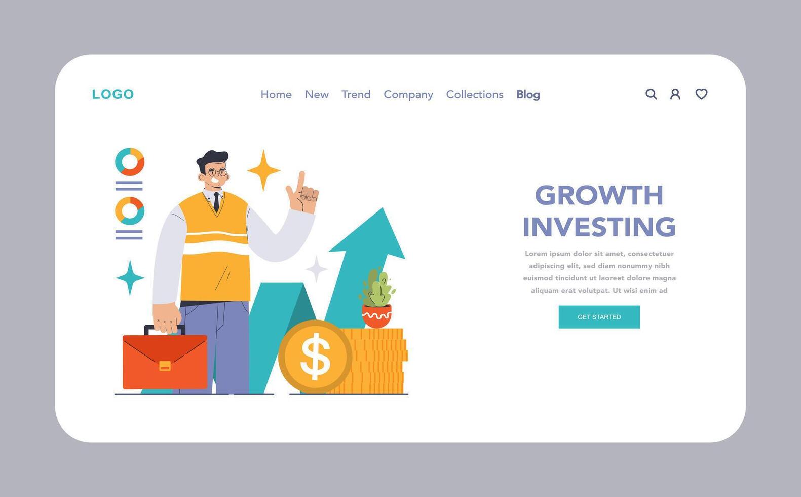 Growth Investing web or landing. Confident businessman pointing upward vector