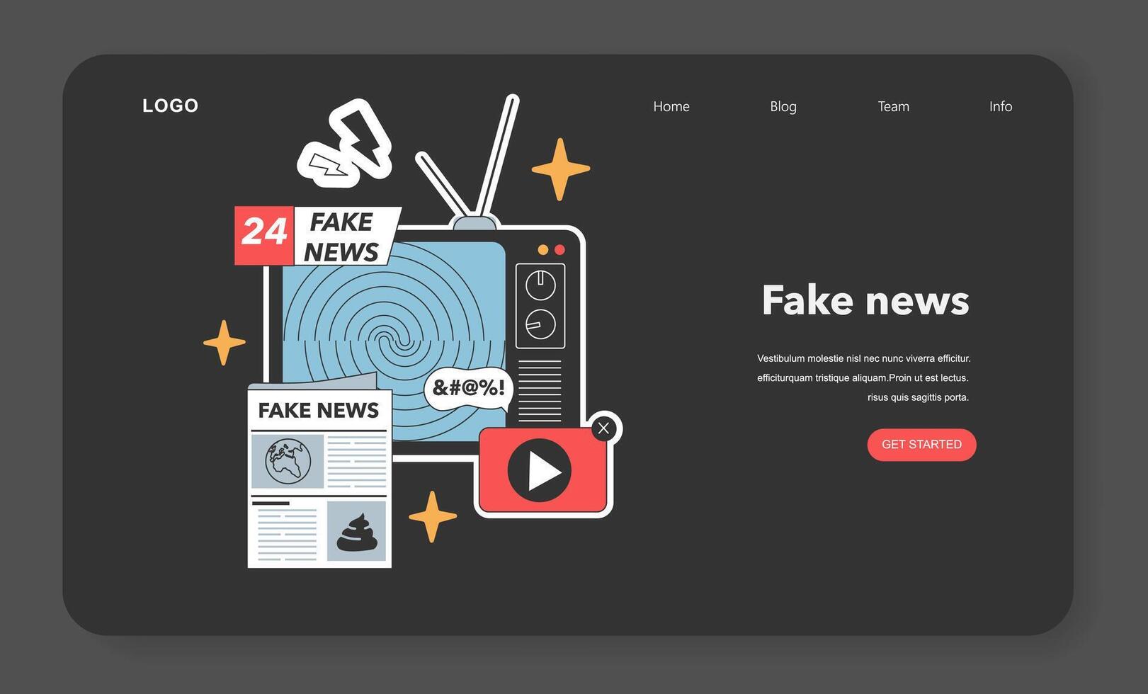 Old-fashioned television broadcasts swirling fake news, accompanied by a deceptive newspaper and misleading video icon. Flat vector illustration
