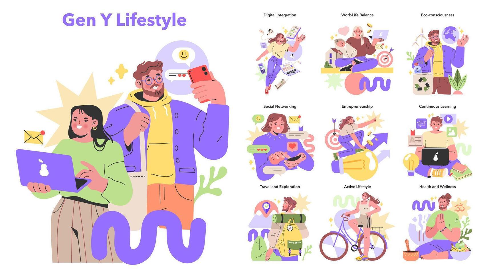 Generacion y conjunto capturas el multifacético estilo de vida de joven adultos vector ilustración