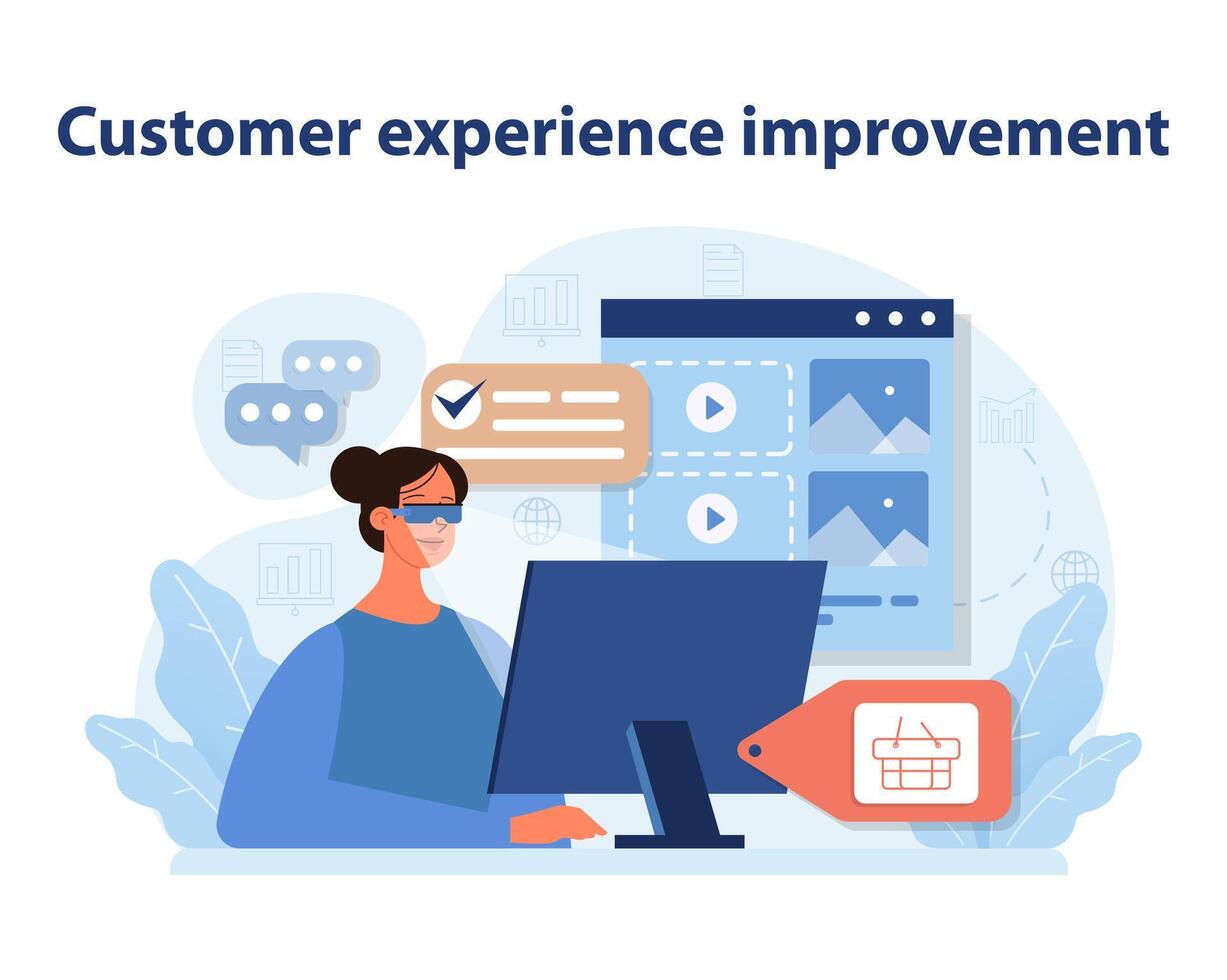 Customer Experience Improvement. A detailed portrayal of enhanced online customer service. vector