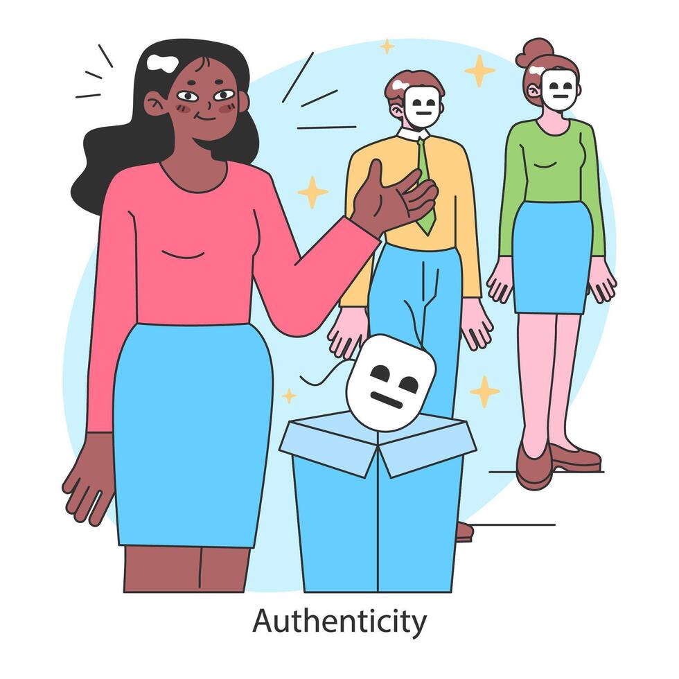Authenticity concept. Black woman discards a mask, symbolizing vector