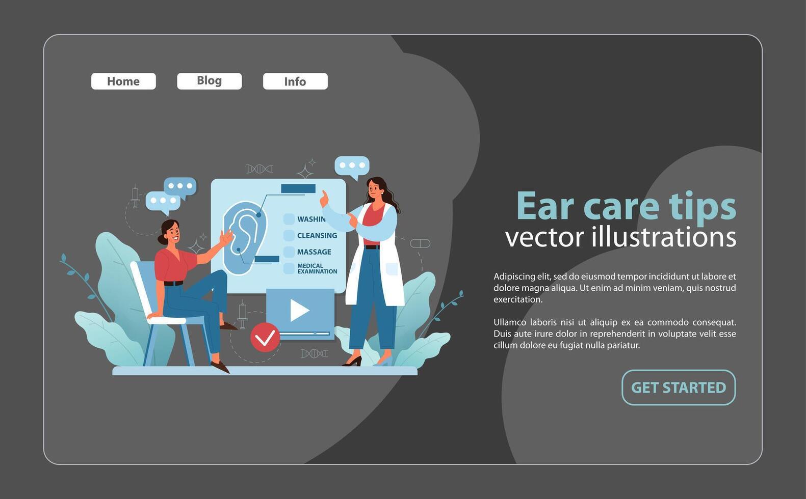 Ear Care Guidelines. Informative vector illustration showing the process of ear care including washing.