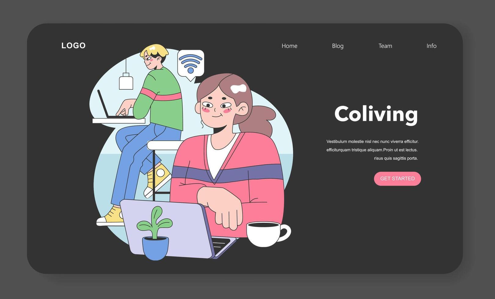 Co-living web banner or landing page night or dark mode. vector