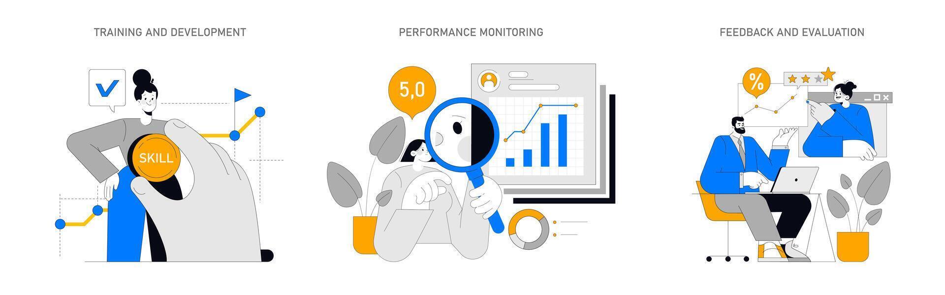 Employee Growth set. Skills enhancement, continuous performance review, and constructive feedback loop. Steps for career progression in the corporate world. Vector illustratio