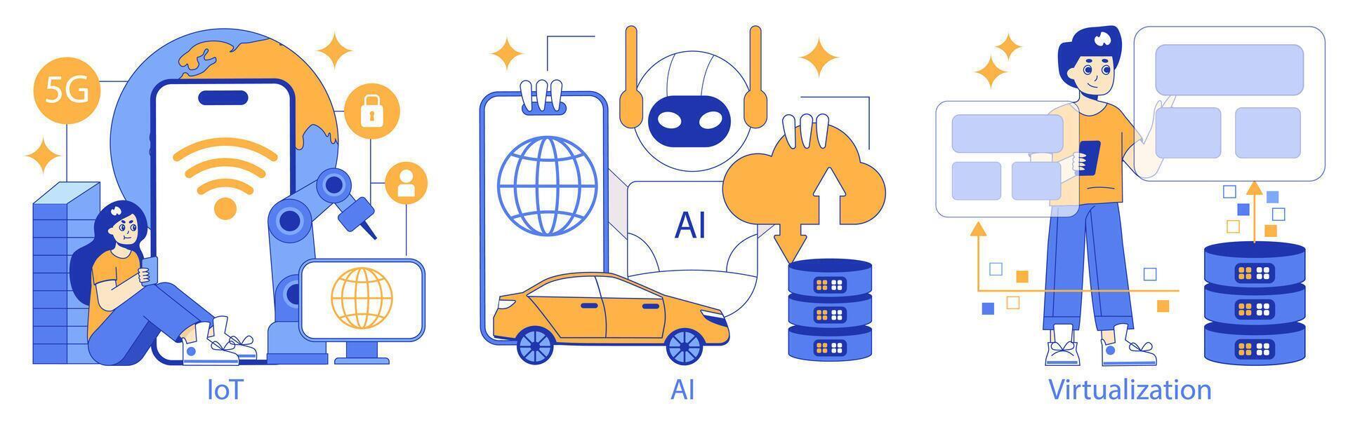 Hyperconnectivity set. Showcasing IoT, AI advancements, and virtualization technology. Seamless connectivity in the digital age. Vector illustration