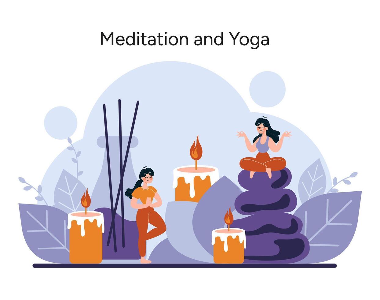 Serene figures practice yoga and meditation, seeking inner peace amidst calming candles and nature elements vector