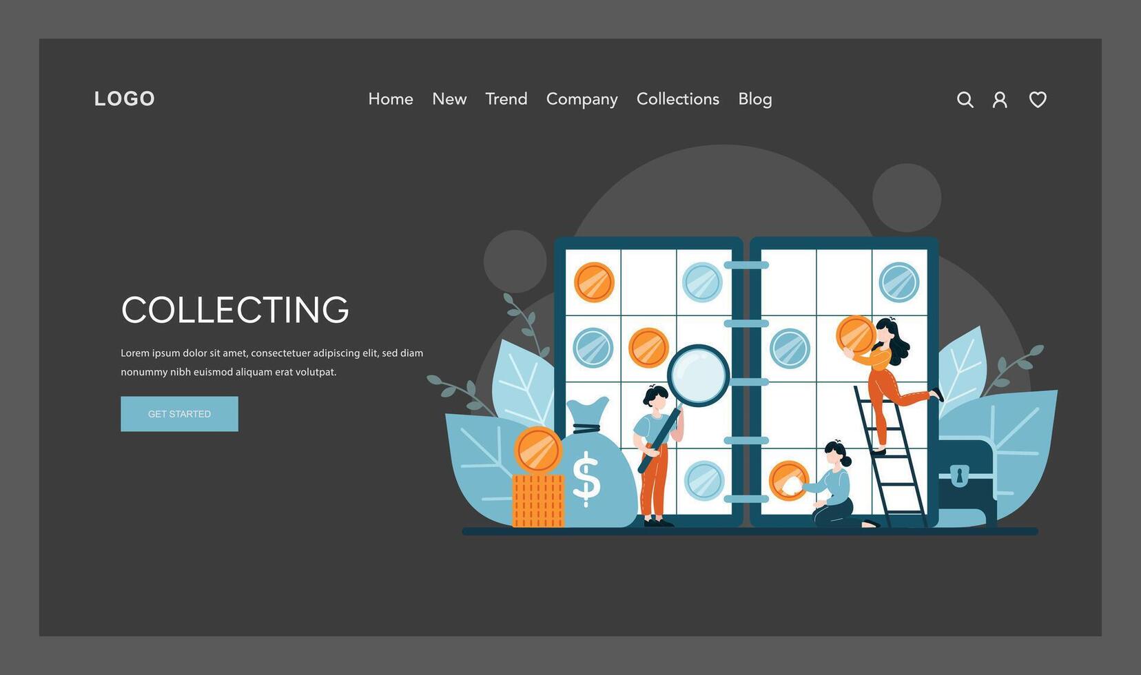 Animated figures explore numismatics, examining and organizing coins with focus and curiosity vector