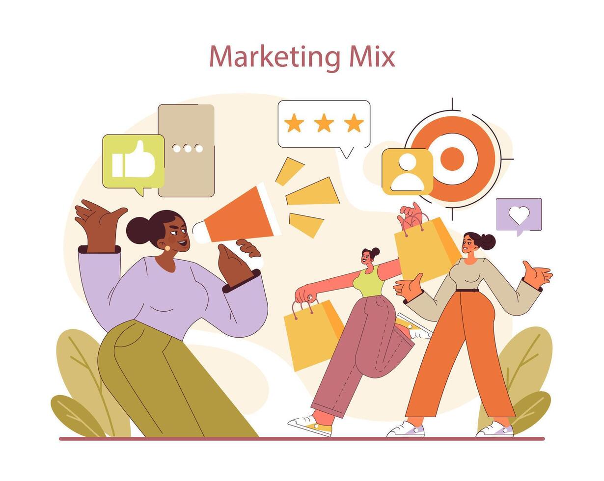 Marketing Mix strategy. Exuberant announcement of brand engagement and consumer interaction. vector