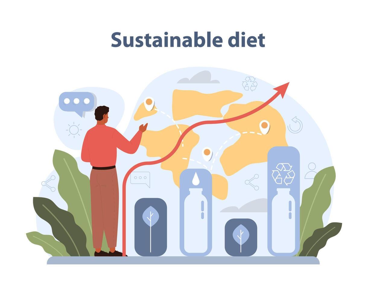 sostenible dieta concepto. un hombre análisis global comida sostenibilidad. vector