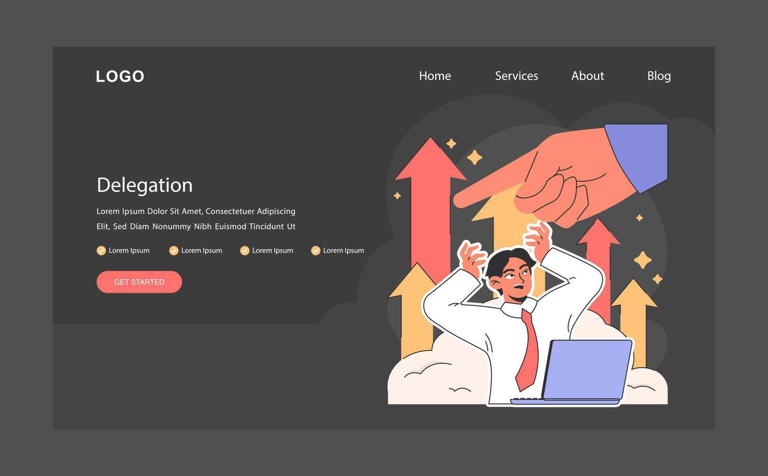 Delegation dark or night mode web, landing. Stressed employee. Boss hand vector