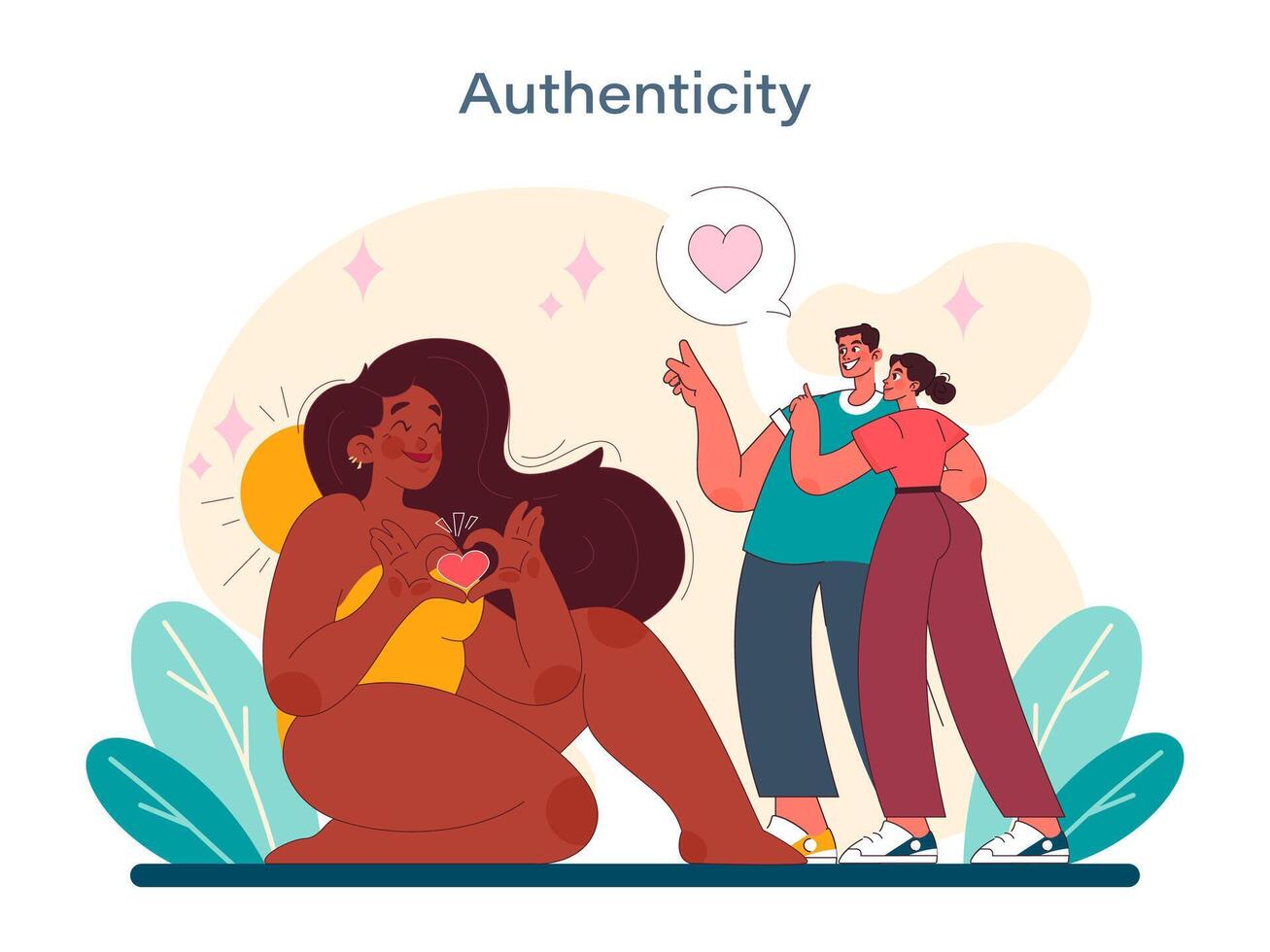 Authenticity concept. A heartfelt vector depiction of genuine connection and affection between diverse individuals.