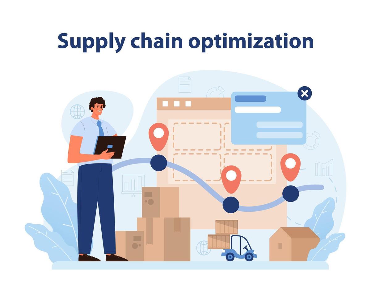 Supply Chain Optimization. Efficient logistics management visualized with real-time tracking. vector