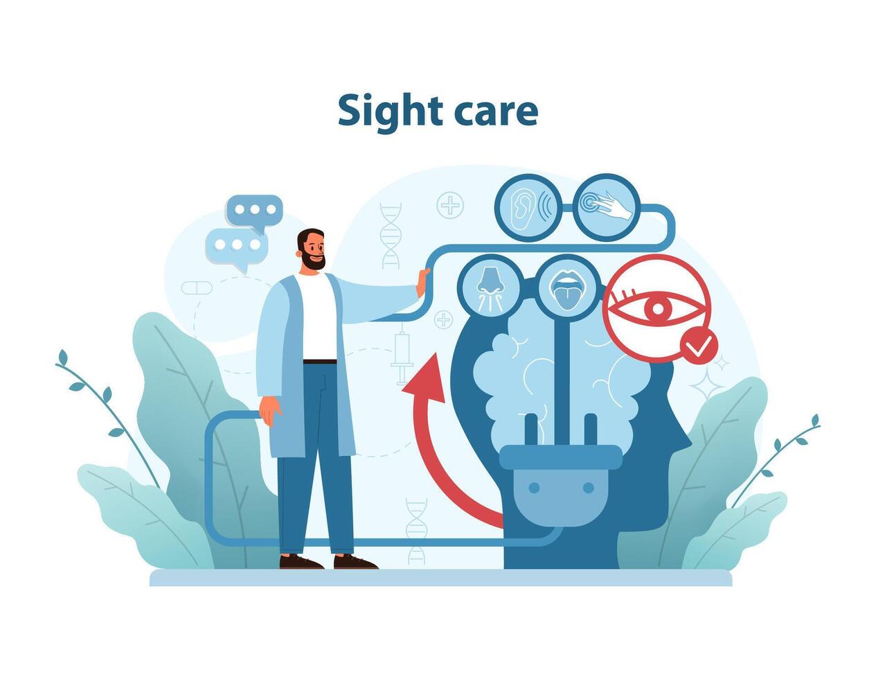 Comprehensive Eye Care Concept. A healthcare professional engages with interactive icons. vector