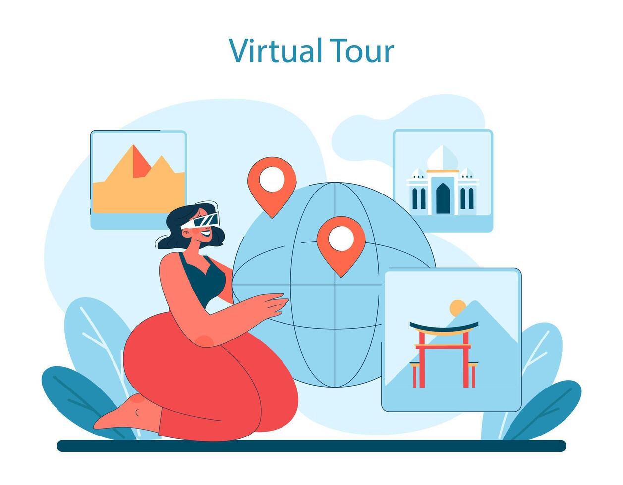 Virtual Tour concept. Woman navigates global landmarks from pyramids to palaces vector