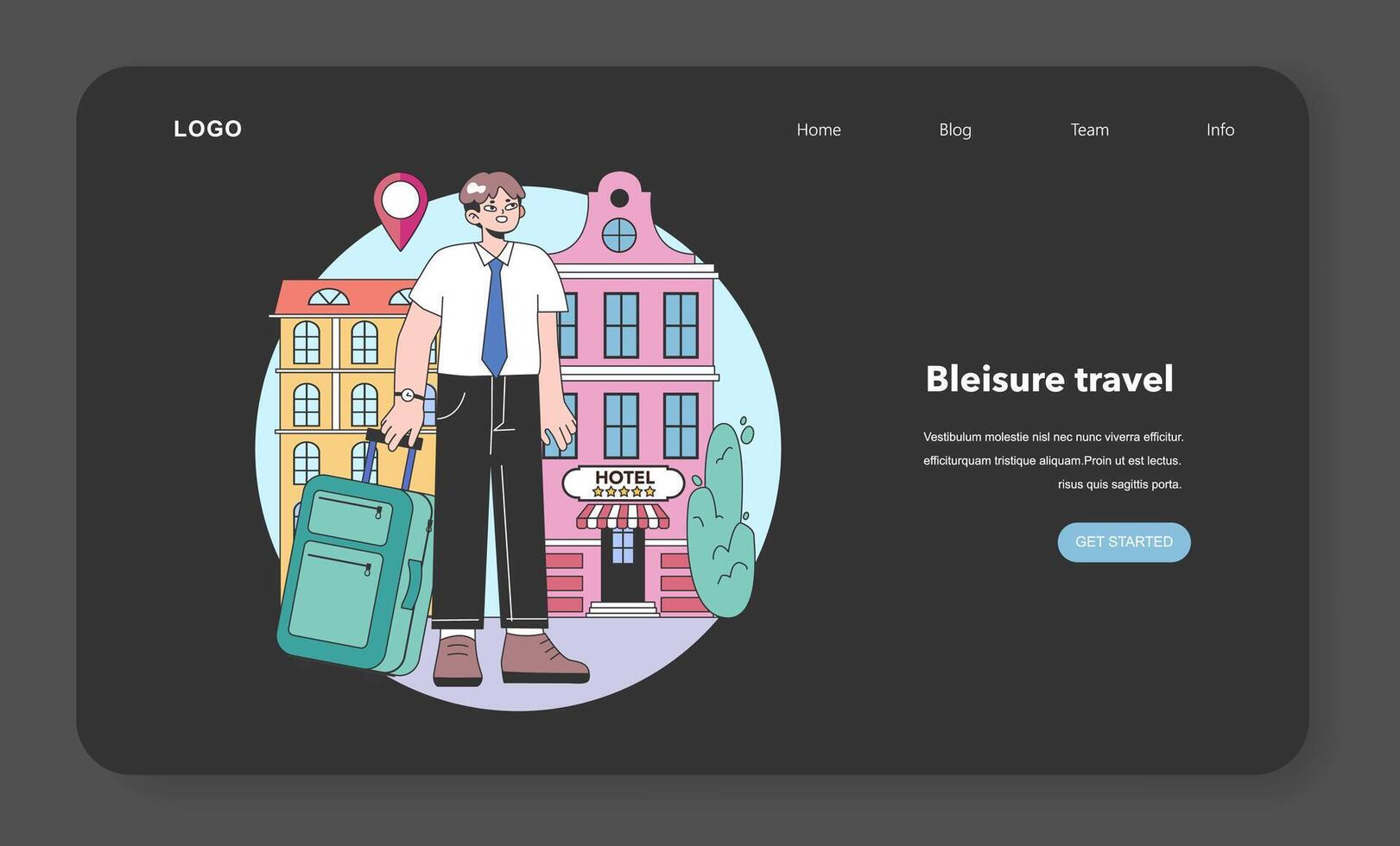 Bleisure travel web banner or landing page night or dark mode set. vector