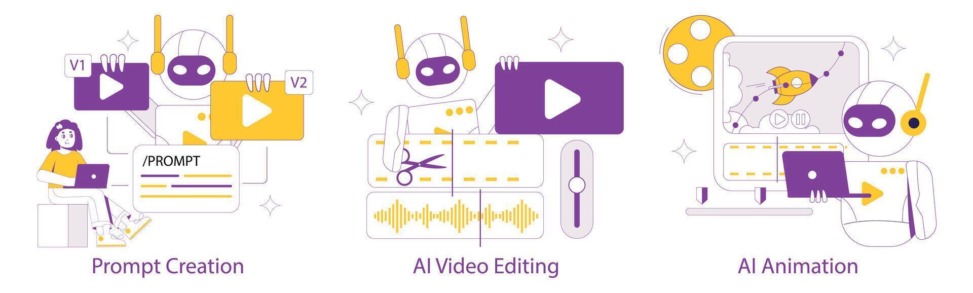 AI Content Creation set. A seamless process from writing prompts to video editing and animation by AI. The future of digital content. Vector illustration.