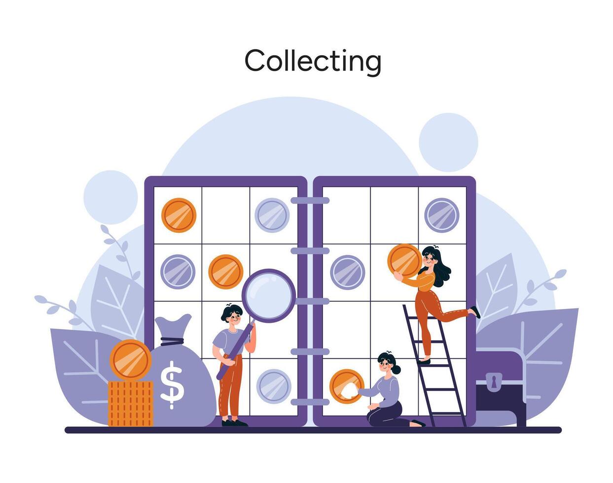 Animated collectors curate coins into an album vector