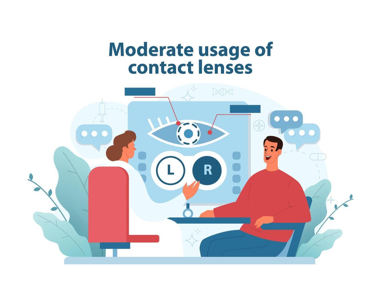 contacto lente uso educación ilustración. un optometrista educa un paciente en el moderar usar. vector