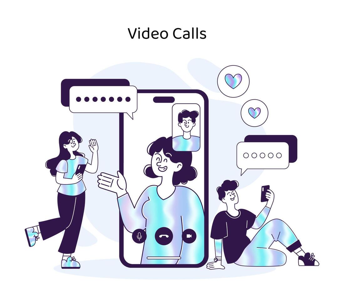 Characters interacting via video chat, displayed beside a smartphone screen showing a group call vector