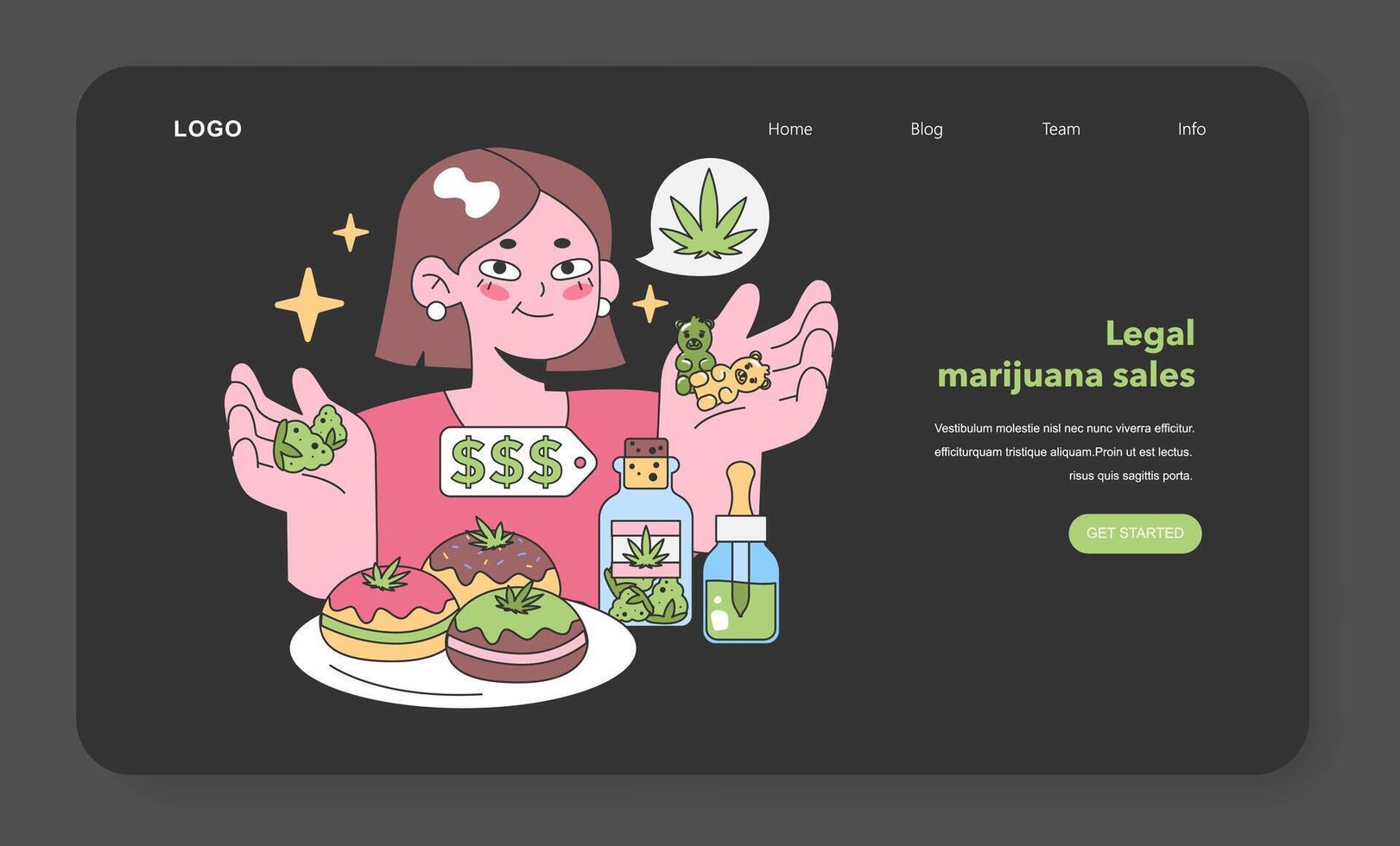Young woman exploring cannabis delights. Flat vector illustration.