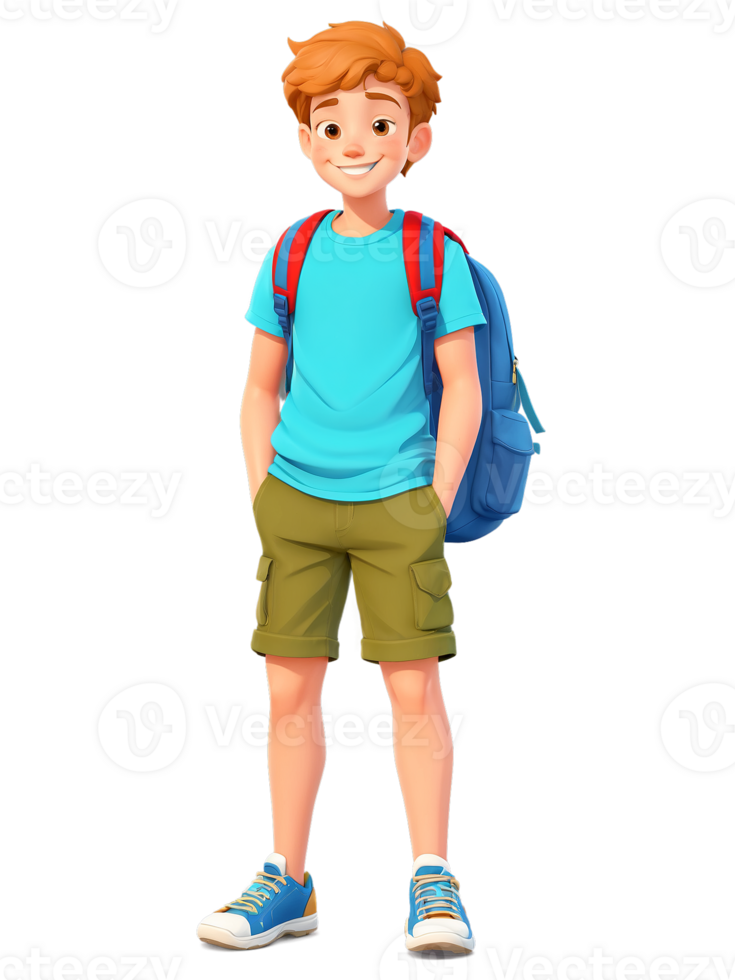 AI generated Cartoon style character, Young cheerful boy with reddish-brown hair, with a backpack standing confidently, against transparent background png