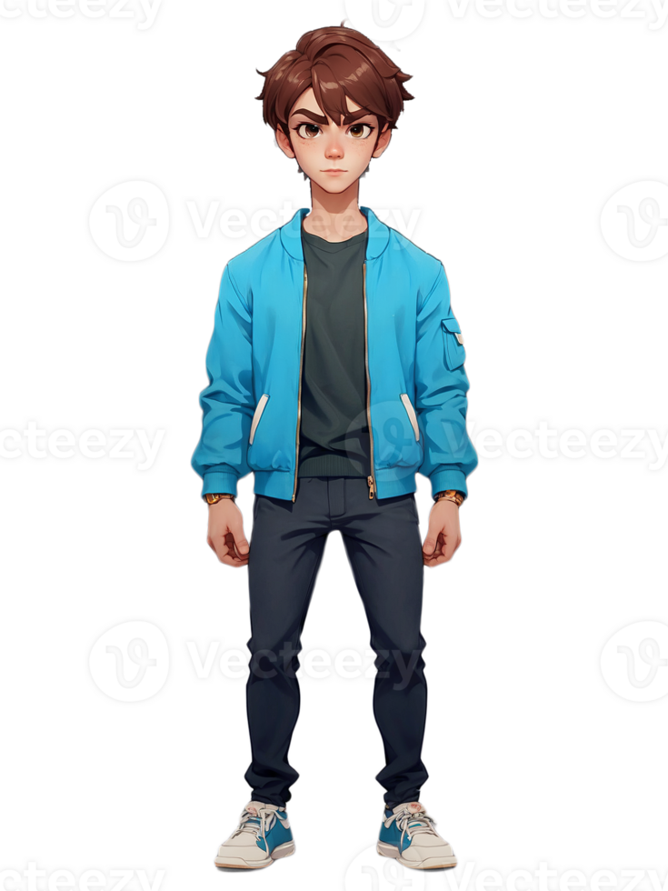 AI generated 2D Animation Character, wearing blue jacket and black shirt, Transparent Background png