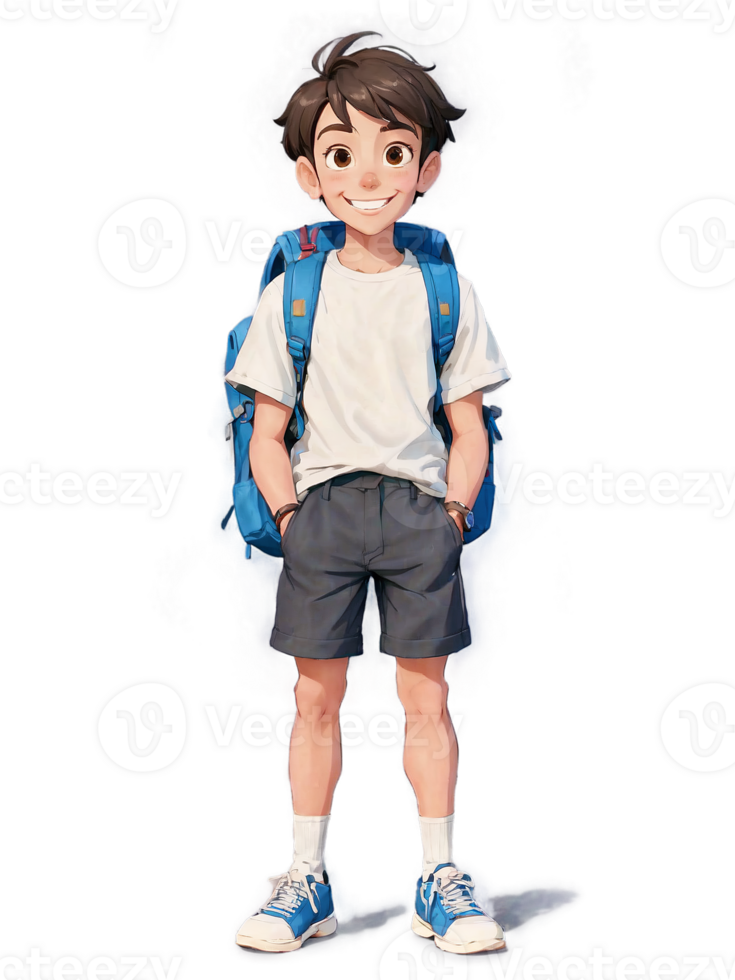 ai generado chico con casual ropa, mochila, grande sonrisa, dibujos animados estilo personaje, transparente antecedentes png