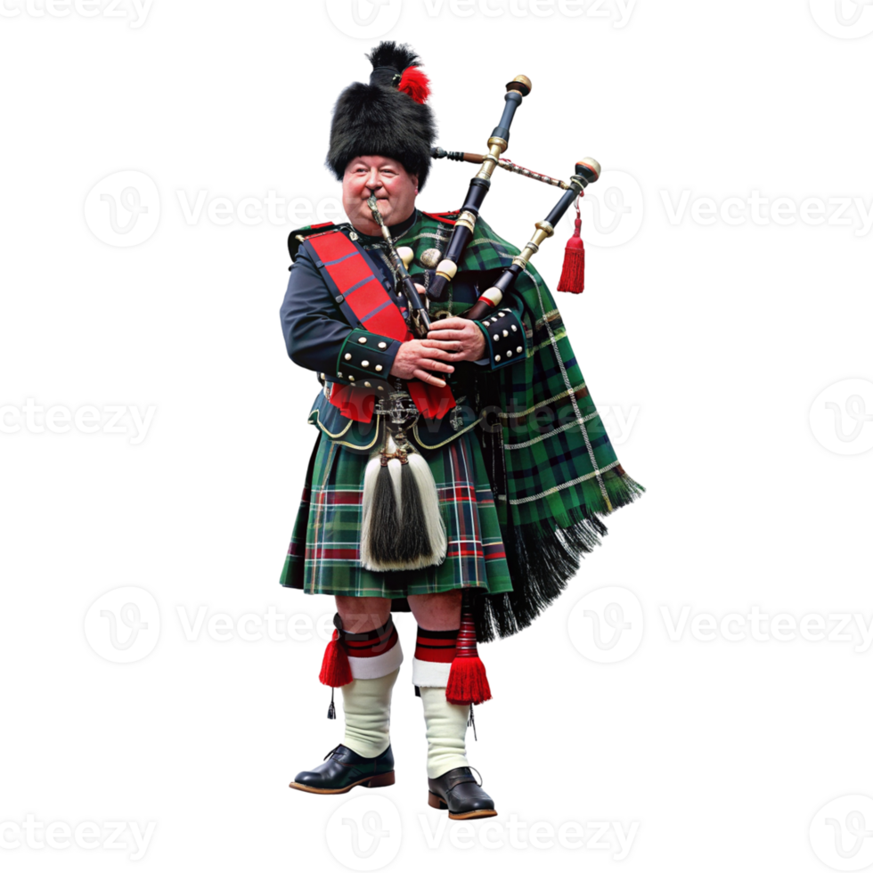 AI generated A Scotsman in full traditional dress plays the bagpipes png