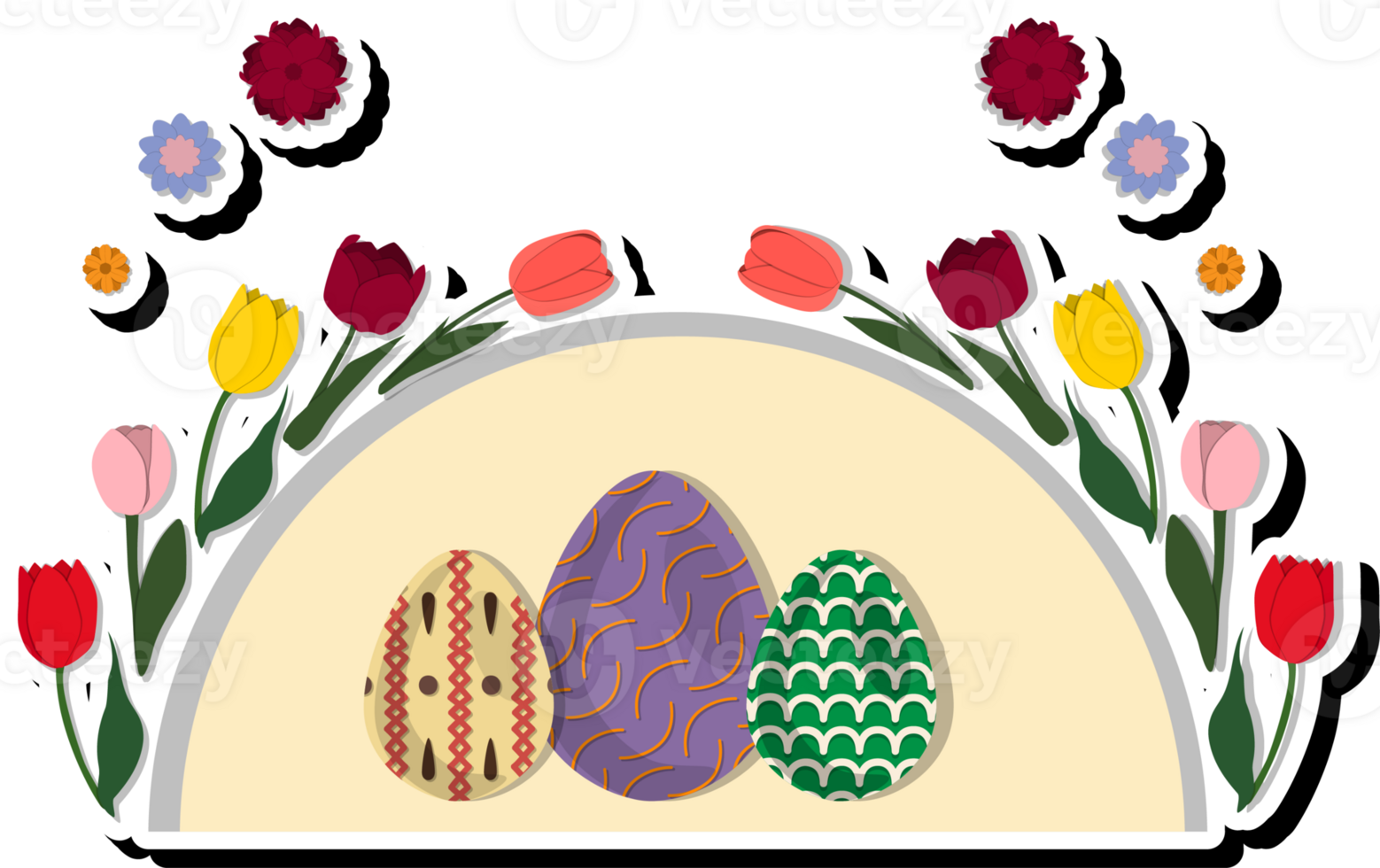 Illustration on theme celebration holiday Easter with hunt colorful bright eggs, banner consisting of hunt different Easter eggs, beautiful Easter eggs are main accessory at abstract background png