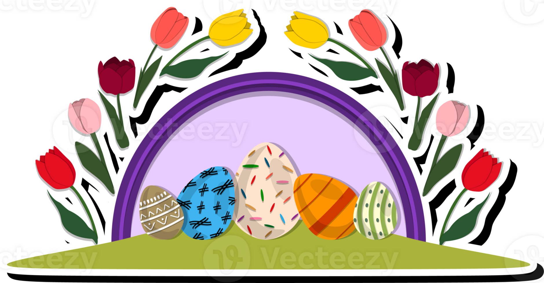 Illustration on theme celebration holiday Easter with hunt colorful bright eggs, banner consisting of hunt different Easter eggs, beautiful Easter eggs are main accessory at abstract background png