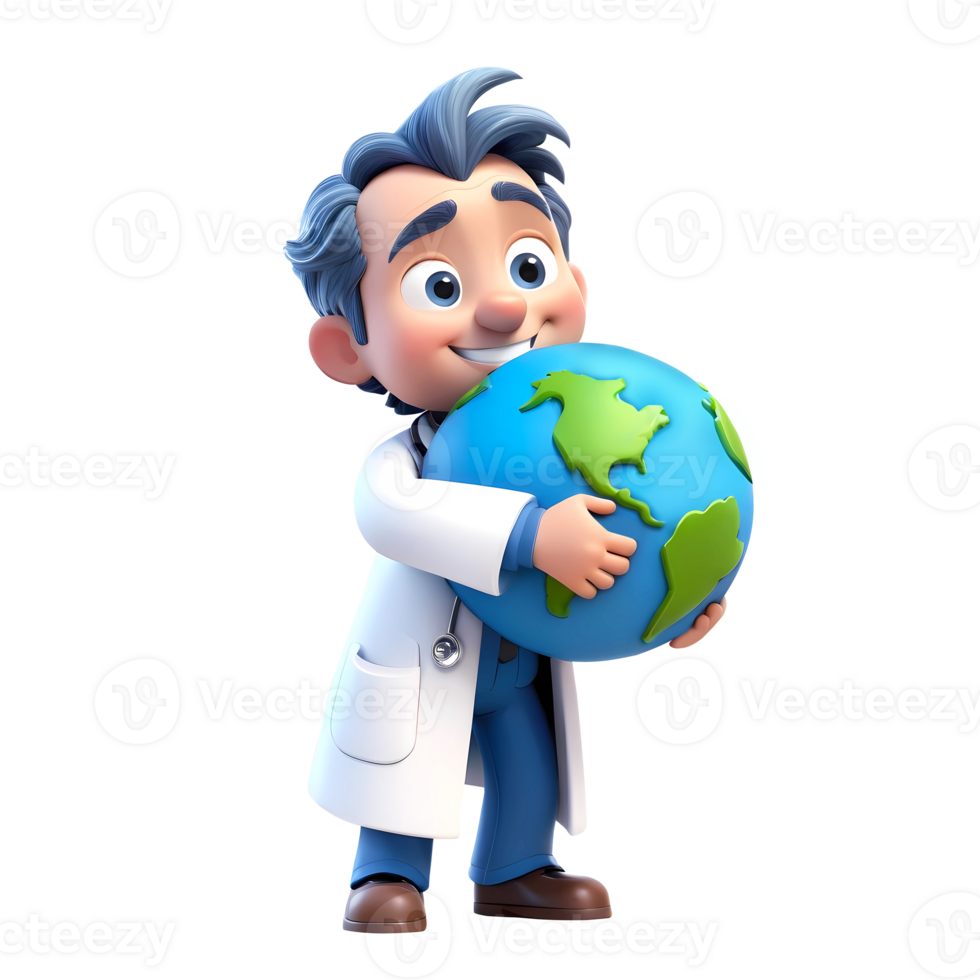 AI generated 3d rendering doctor cartoon character hugging planet earth png