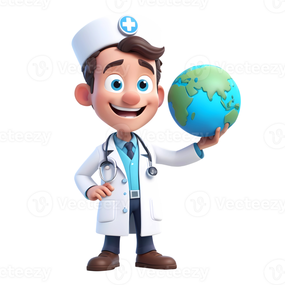 ai genererad 3d tolkning läkare tecknad serie karaktär innehav planet jord png