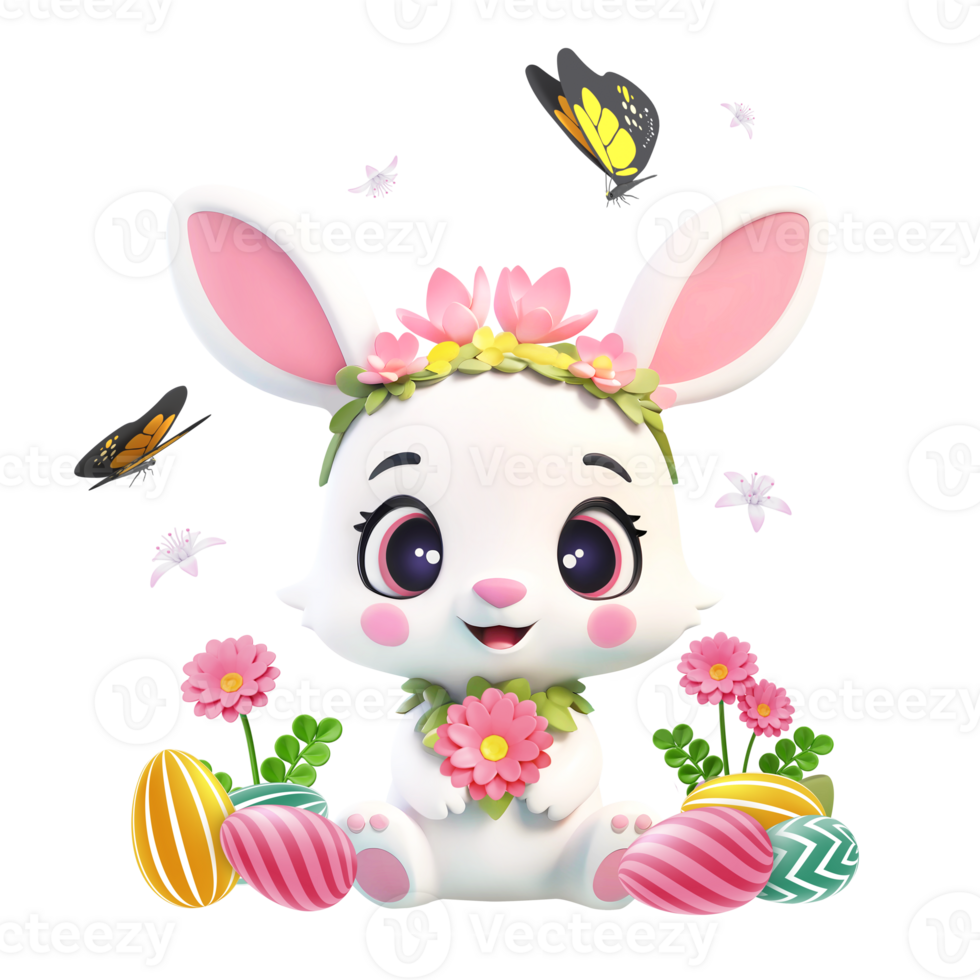 AI generated 3d rendering cute bunny with Easter eggs, flowers and butterflies png
