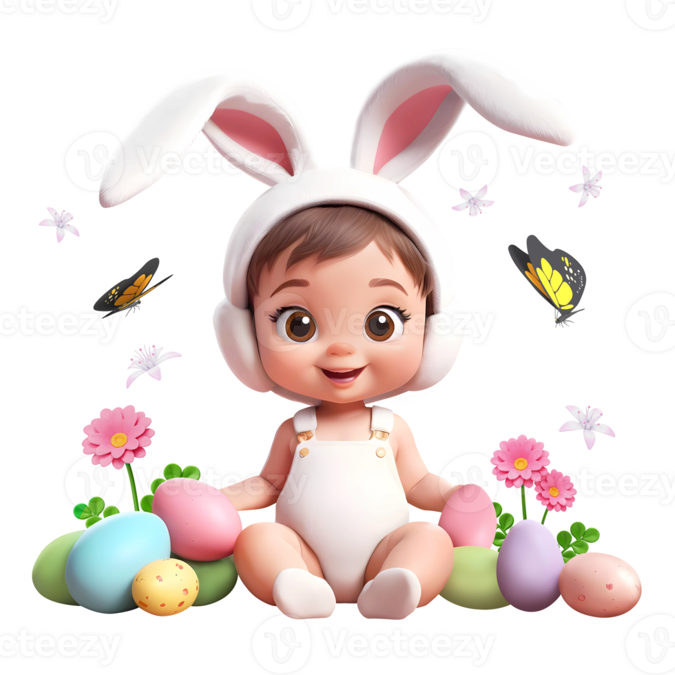 AI generated 3d rendering cute little child wearing bunny ears with Easter eggs and butterflies png