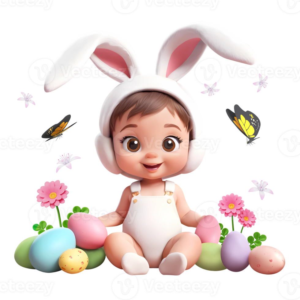 AI generated 3d rendering cute little child wearing bunny ears with Easter eggs and butterflies png