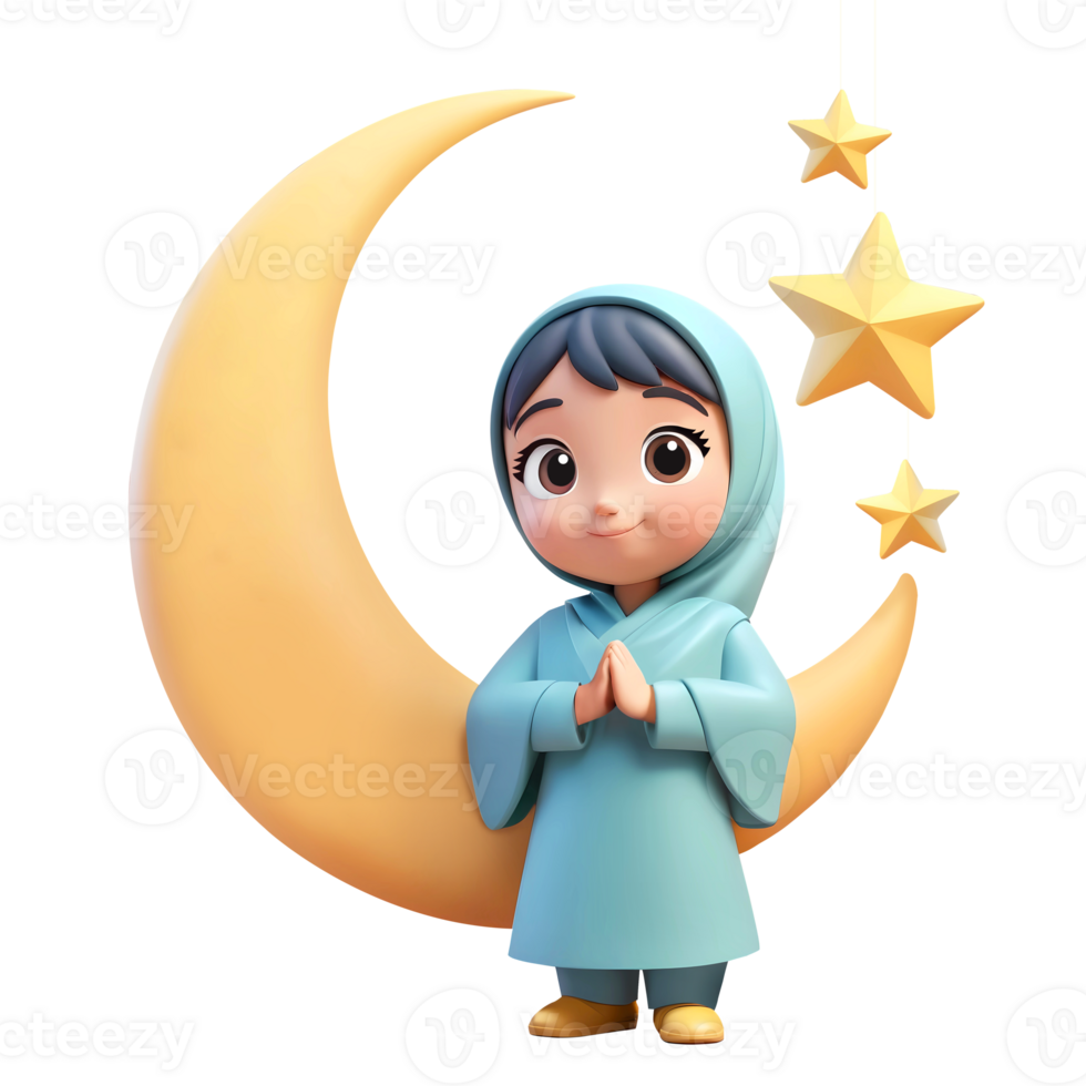 AI generated 3d rendering cartoon girl character with golden crescent moon and hanging stars png