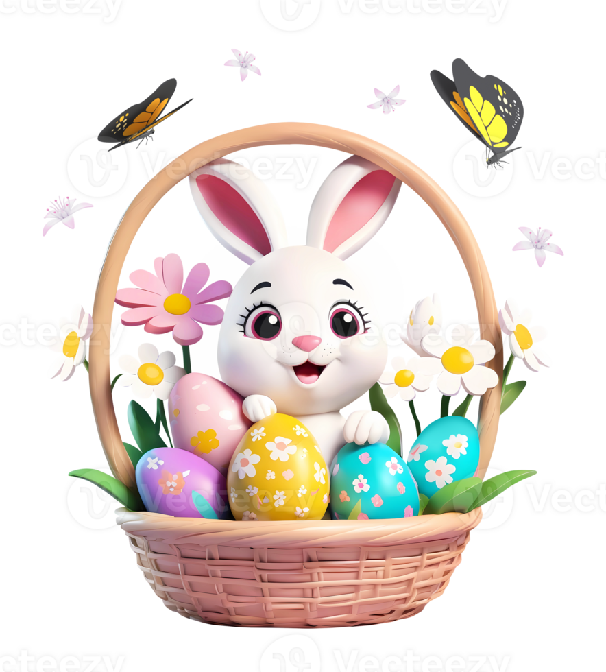 AI generated 3d rendering bunny in basket with Easter eggs and butterflies png