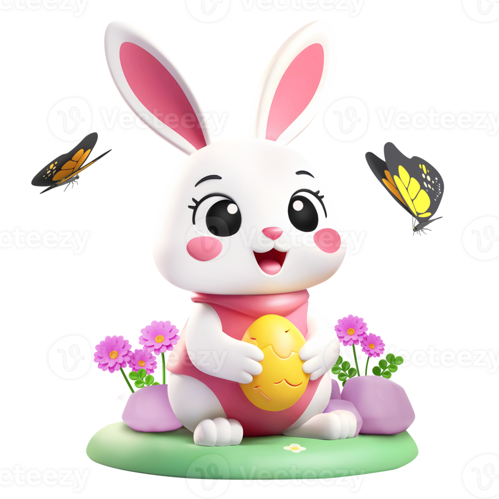 AI generated 3d rendering cute bunny holding Easter egg with flowers and butterflies png