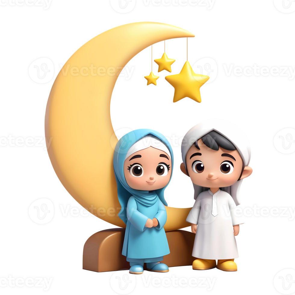 AI generated 3d rendering cartoon little girl and boy with golden crescent moon png