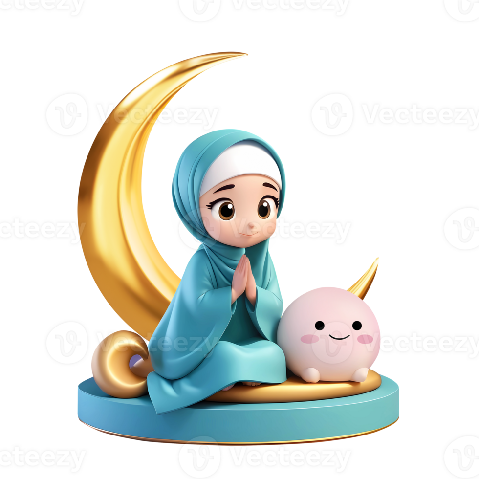 AI generated 3d rendering cartoon girl character with golden crescent moon png
