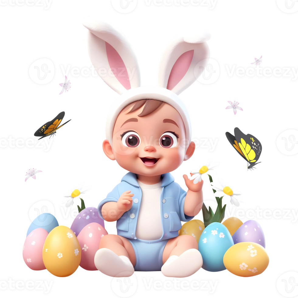 AI generated 3d rendering cute little child wearing bunny ears with Easter eggs and butterflies png