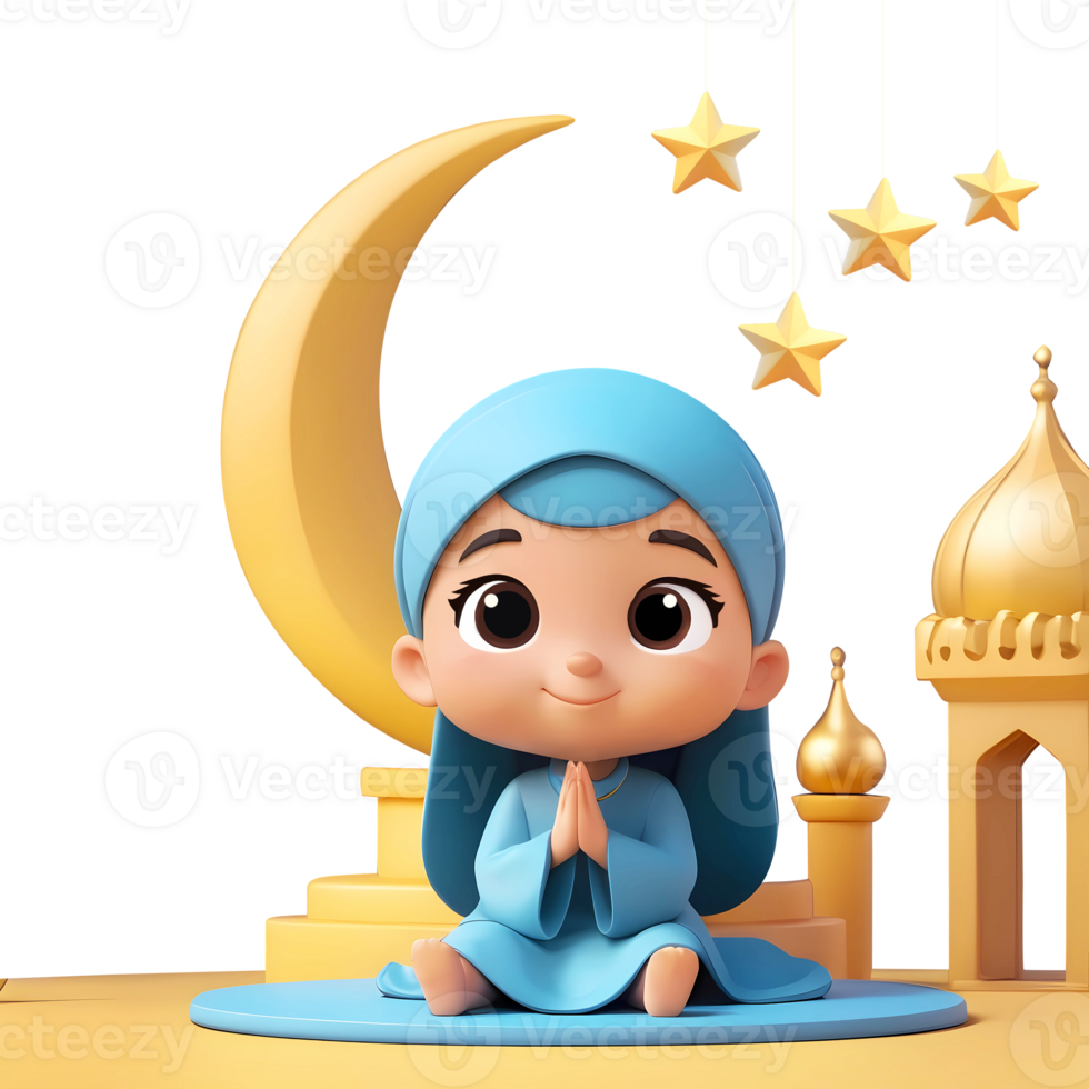AI generated 3d rendering cartoon little boy with golden crescent moon and hanging stars png