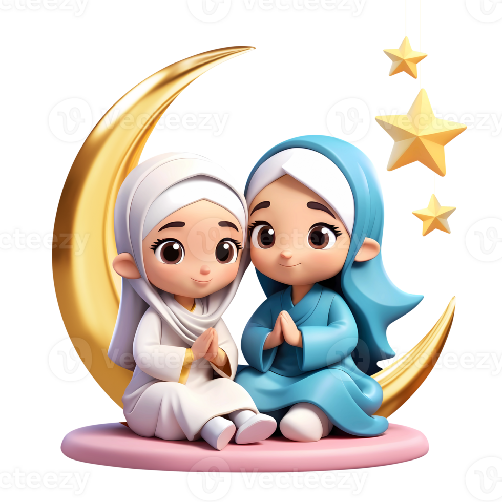 AI generated 3d rendering cartoon girls with golden crescent moon and hanging stars png