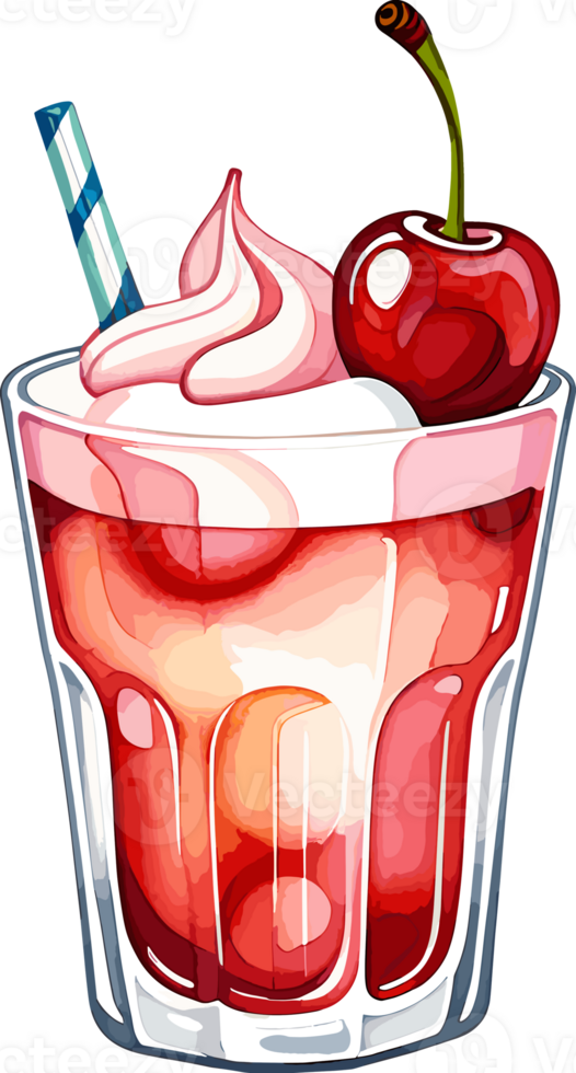 AI generated Delicious cherry float topping with cherry and whipped cream isolated illustration png, watercolor drawing for cold drink, slushie recipe, summer, refreshment, cocktail menu clipart png