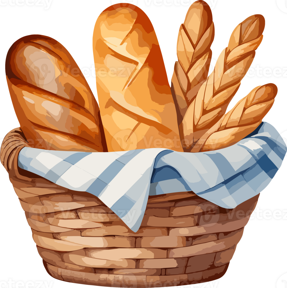 AI generated Watercolor delicious fresh bread in woven basket cartoon, isolated illustration png, graphic design element for picnic food, bakery, breakfast essentials, recipe, bread clipart, logo png