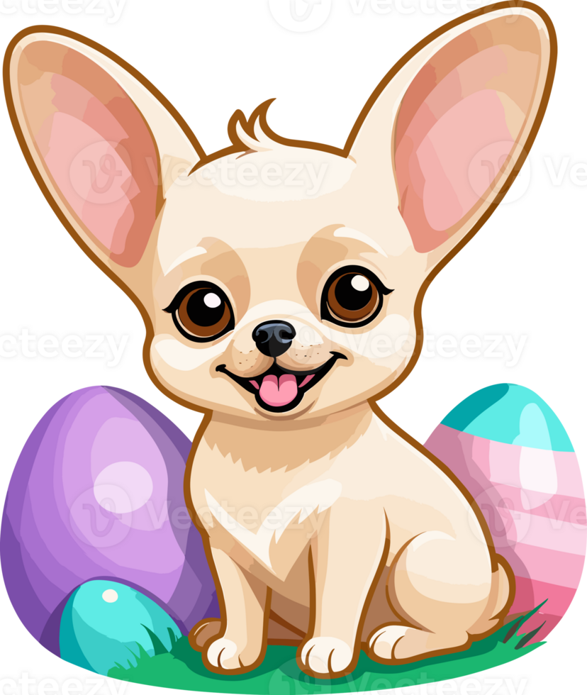 AI generated Happy easter cute chihuahua puppy sitting with easter eggs isolated on transparent background png, design element for puppy, small dog breed, pet clipart, nursery decor, baby, sticker png