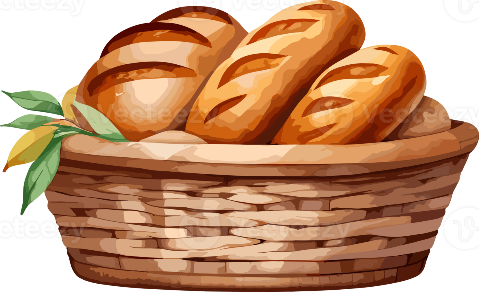 AI generated Watercolor delicious fresh bread in wicker basket cartoon, isolated illustration png, graphic design element for picnic food, bakery, breakfast essentials, recipe, bread clipart, logo png